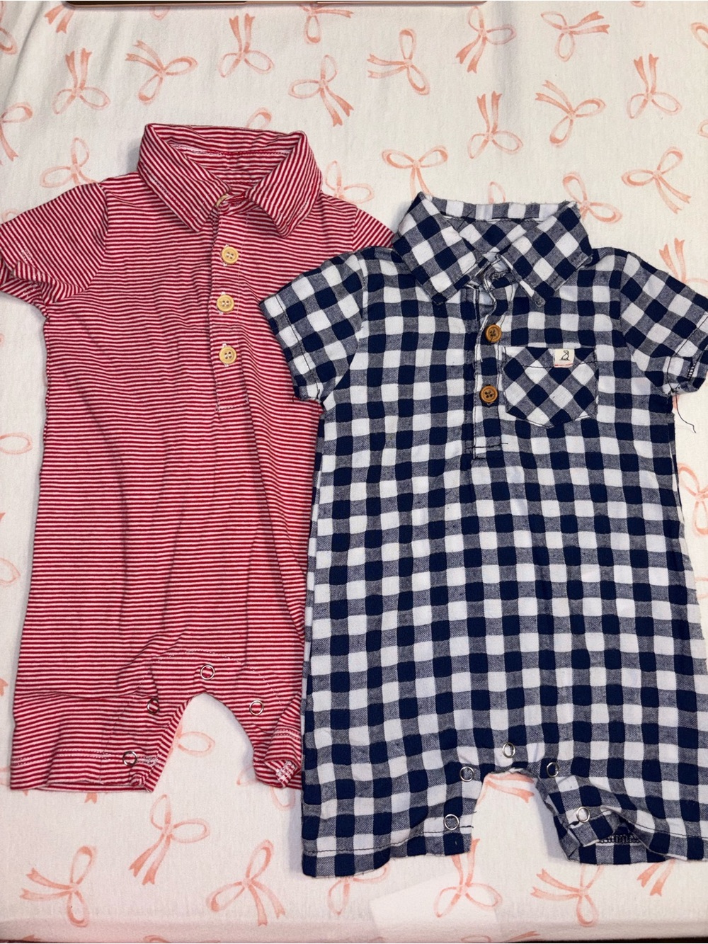 Me & Henry 2 Piece Rompers Navy Gingham Red Striped Polo Rompers 0/3M Boys